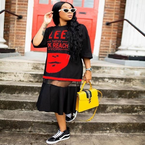 

hip hop t-shirt dress women harajuku 3d print rock long tee new half sleeve loose dance colour block streetwear, Black;gray