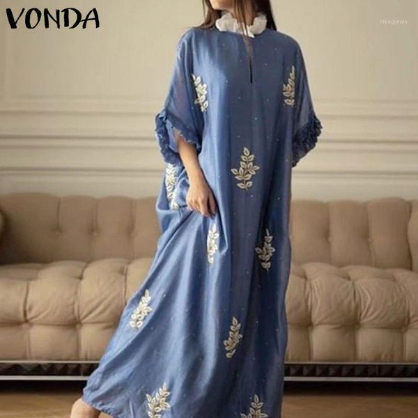 

women's casual sundress vonda elegant casual shorts sleeve dresses lace neck long maxi dresses floral printed baggy vestido 5xl1, White;black