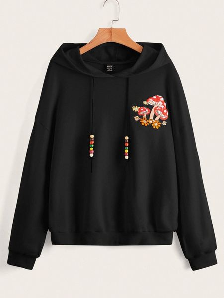 

drop shoulder mushroom & floral embroidery drawstring hoodie w6py#, White;black