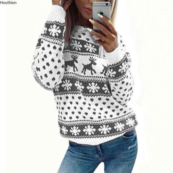

houthion women's sweater new fashion temperament round neck pullover snowflake deer knit elegant long-sleeved sweater1, White;black