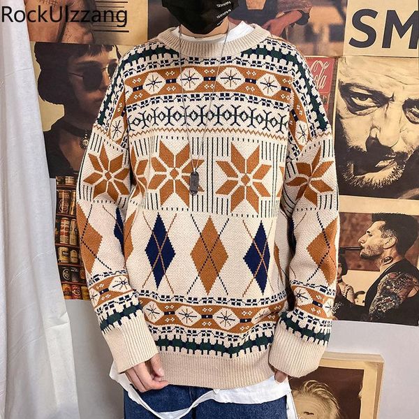 

men's sweaters plus size winter fall o-neck loose vintage fashion aesthetic plaid arygle knit sweater men pullover japanese korean knit, White;black