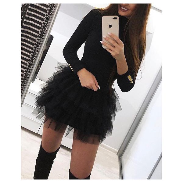 

women solid black mesh insert spliced mini dress buttoned long sleeve party club dress lj200818, Black;pink