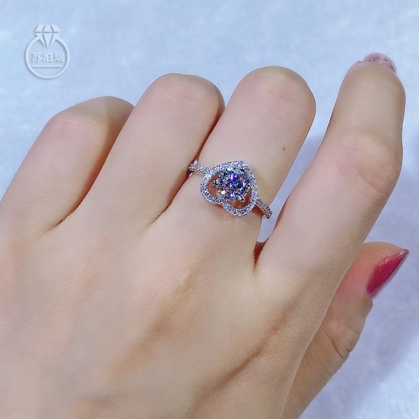 

love heart design real moissanite ring 6. 5mm 1ct for women girl friend gift birthday present luxury quality diamond rings fashion design, Silver
