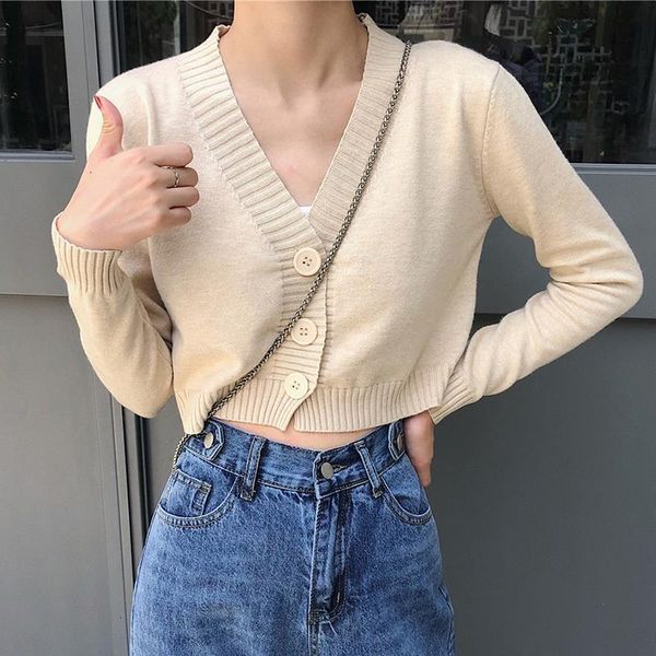 

cropped cardigans sweaters female with button black white short sweater mujer v neck long sleeve sweater short women knitted cardigans, White;black