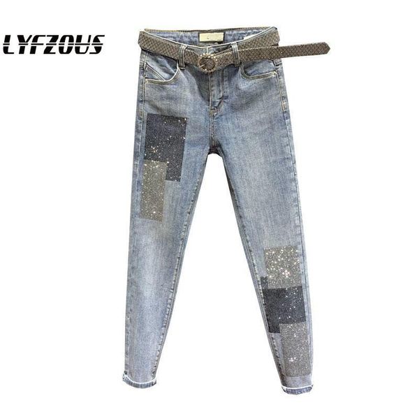 

sequins jeans women`s high waist stretch pencil denim pants 2020 new autumn all matching skinny jeans for woman, Blue