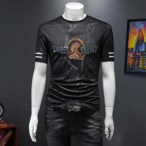 

2022 mercerized cotton t-shirt men's summer new korean version slim round neck embroidery printing short-sleeved trend large size, White;black