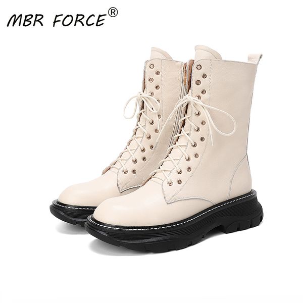 

mbr force genuine leather fashion round toe thick bottom paltform shoes women ladies ankle boots outdoor party cool casual black