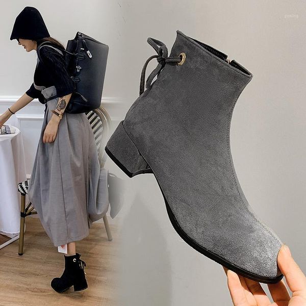 

women ankle boots 2020 black gray flock winter fashion med high heel boots zip ladies round toe women shoes botas zapatos mujer1