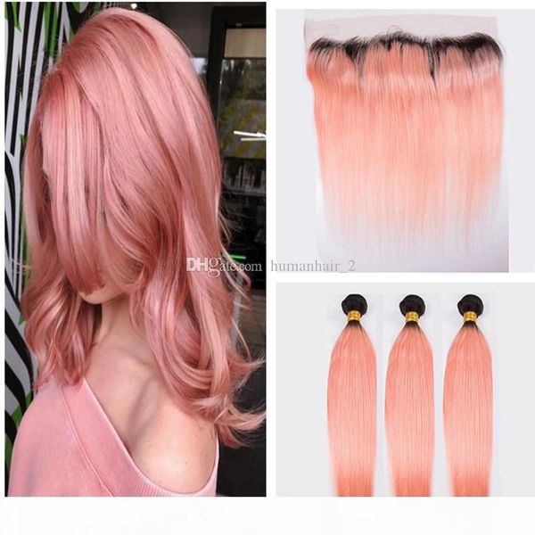 

ombre hair extensions two tone #1b rose gold ombre brazilian straight virgin human hair weave bundles with pink 13x4'' lace fronta, Black;brown
