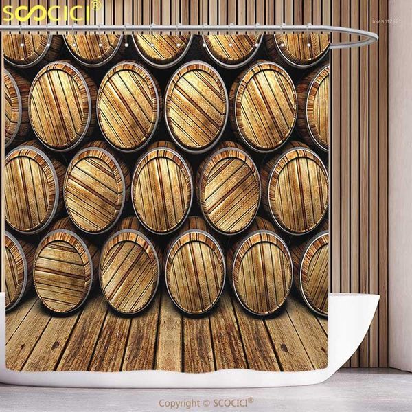

polyester shower curtain man cave decor wall of wooden seem barrels cellar storage winery rum container stack broen light brown1