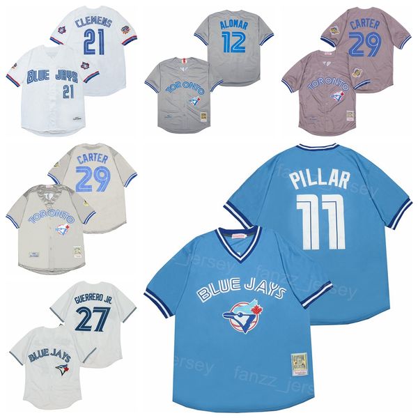 

1992 1997 retro baseball 12 roberto alomar jersey vintage 29 joe carter 21 roger clemens 27 vladimir guerrero jr 11 kevin pillar stitched bl, Blue;black