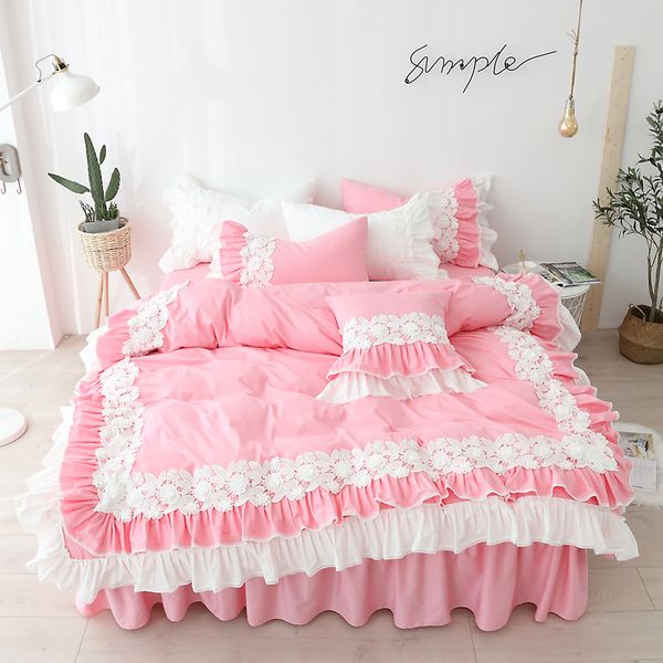 Set di biancheria da letto in cotone 100% con pizzo di colore rosa per ragazze singolo queen size gonna trapunta copriletto set T200706