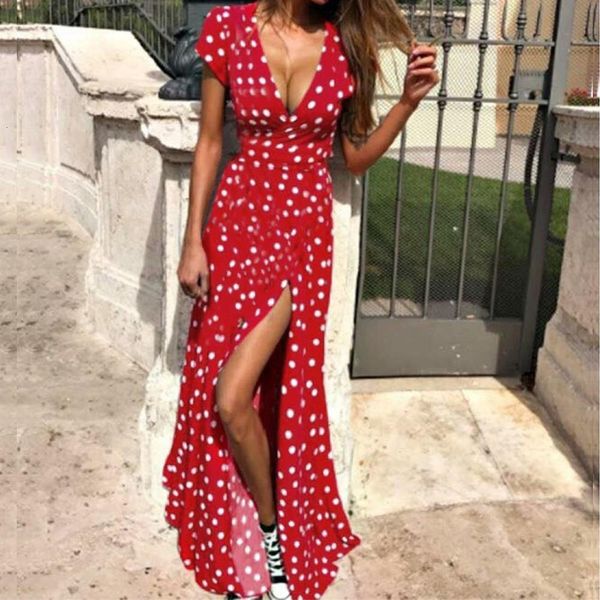 

women polka dot high split dress summer v neck beach polyester boho dress short sleeve sashes maxi long dresses plus size, Black;gray
