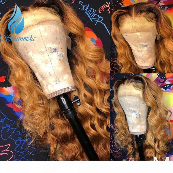 

13*6 lace front wigs middle ratio peruvian remy human hair ombre blonde body wave wigs baby hair glueless wig bleached knots, Black;brown