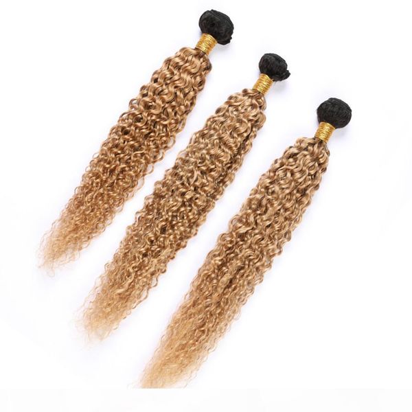

dark root honey blonde ombre malaysian curly human hair weave bundles #1b 27 ombre virgin hair extensions 2 tone double wefts 300gram, Black;brown