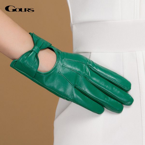 

gours fall and winter women genuine leather gloves new fashion brand green warm driving glove goatskin mittens rosette gsl044 201020, Blue;gray