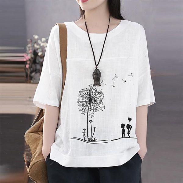 

vintage autumn o neck 3 4 sleeve blouse women cotton linen shirt female casual cartoon printed tunic chemise loose blusas, White