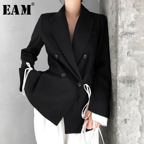 

eam] women black cuff bandage temperament blazer new lapel long sleeve loose fit jacket fashion tide spring autumn 2020 1t4761, White;black