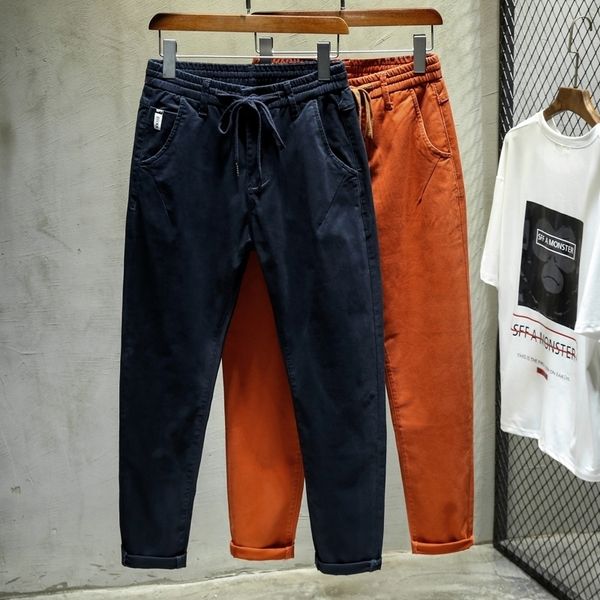 

autumn drawstring elastic waist men harem pant navy orange trousers fashion feet casual trouser hip hop cargo pants streetwear 201109, Black