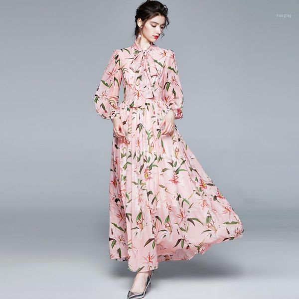 

women's runway flower print dress autumn lace up bow lily floral spring vintage a-line long sleeve maxi shirt dress female1, Black;gray