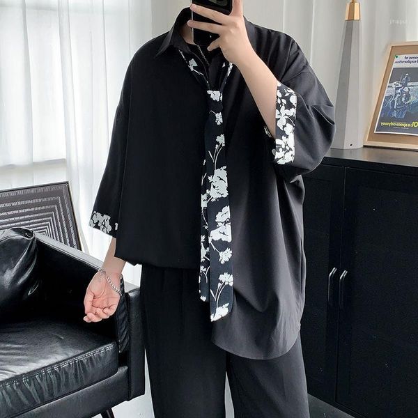 

tie dress shirt men's fashion solid color business casual shirt men streetwear wild loose korean 3/4 sleeve mens -3xl1, White;black
