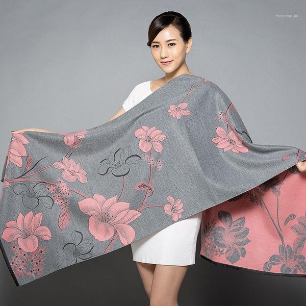 

winter cashmere-like scarf women 2020 new thick warm shawls wraps brand designer flower printed blanket cape soft1, Blue;gray