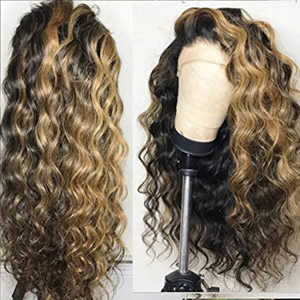 

selling brown highlight blonde highlights hd lace frontal wig loose wave ombre two tone human hair wigs front for black women 150%density di, Black;brown