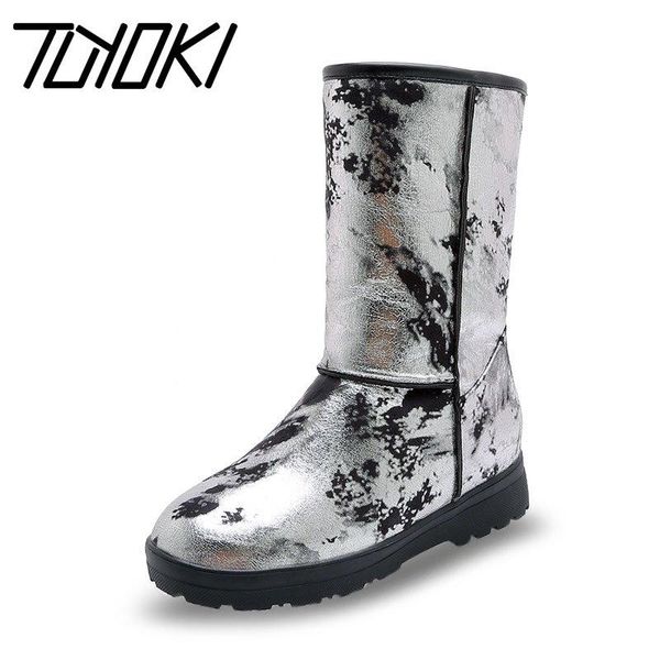 

tuyoki plus size 33-50 fashion women mid calf boots round toe print snow boots winter plush warm flats casual women footwear, Black
