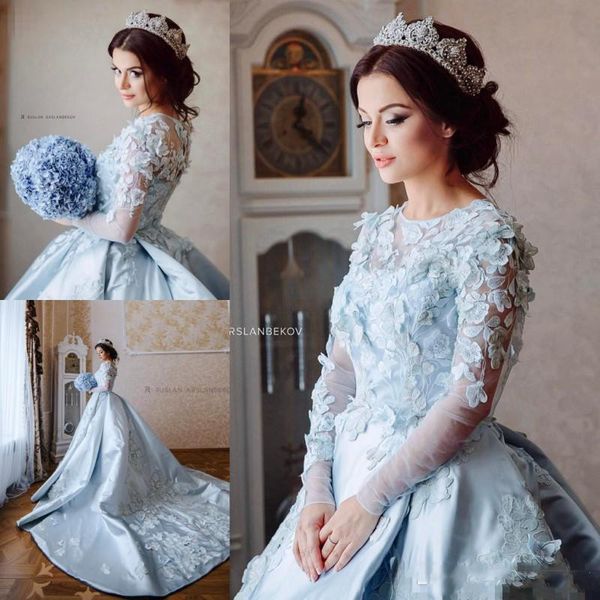 

arbric 2021 blue wedding dresses sheer neck 3d floral appliques wedding gowns long sleeve sweep length bridal ball gown robes de mariee, White