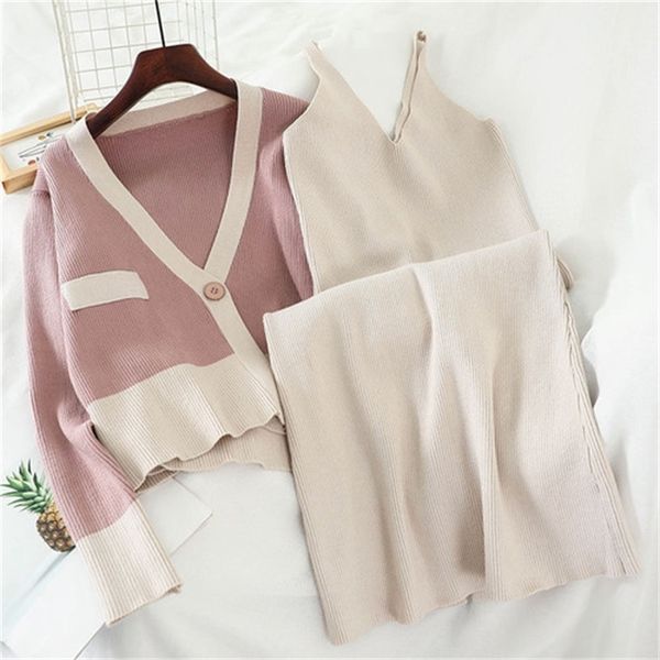 

2021 new korean autumn and winter simple color matching short knit sweater halter split two-piece suit pq1n, Gray