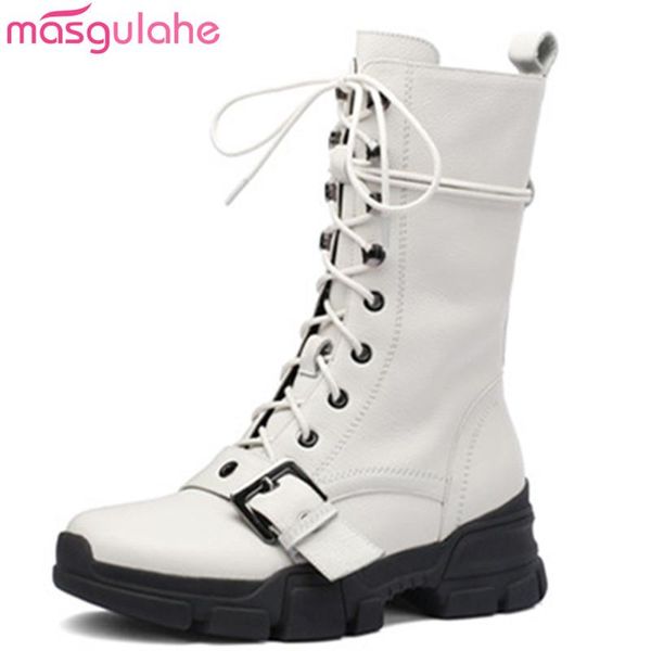 

masgulahe 2020 fashion autumn winter boots women round toe cross tied genuine leather boots buckle mid calf black