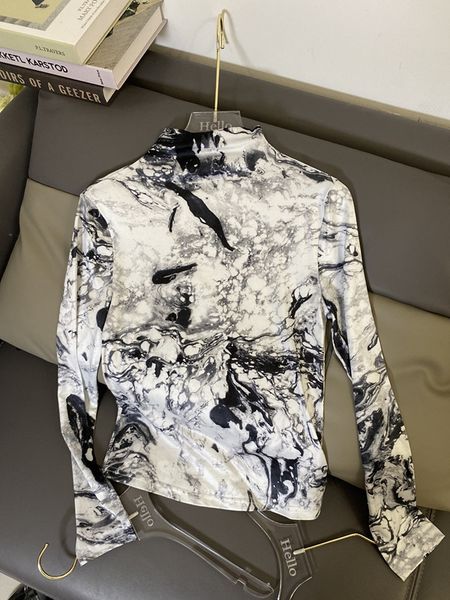 

left women's autumn 2020 new street coat t-shirt straight tube pattern long sleeve standing collar irregular printed t-shirt for wom, White