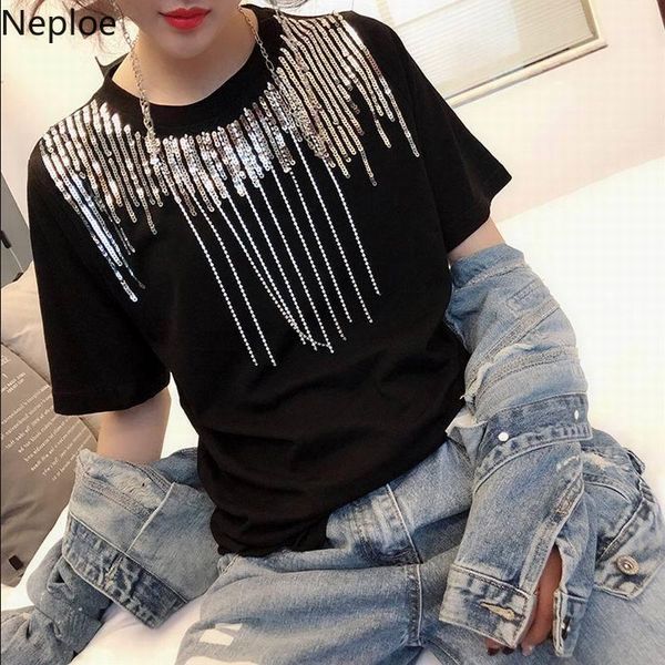 

neploe sequined tassel summer 2019 women new fashion heavy diamonds tees chic o-neck short sleeve t shirts 433041, White