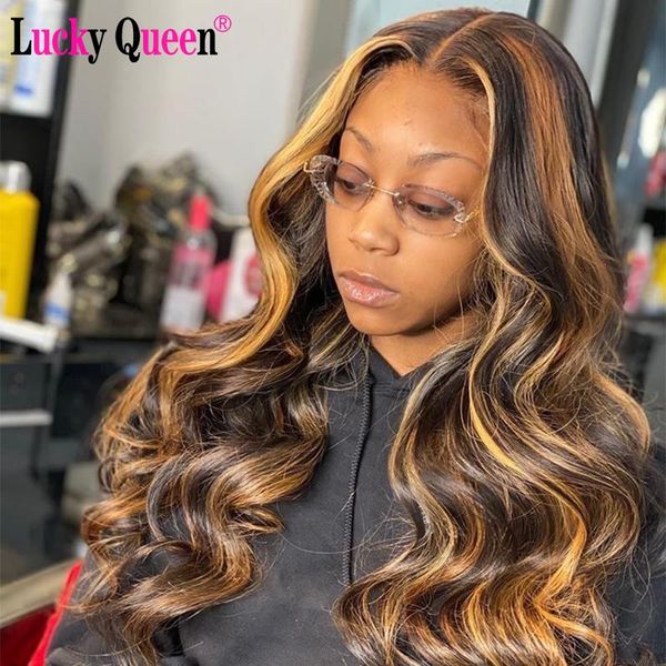 

lucky queen brzailian loose wave color 4 27 transparent lace part human hair wigs pre plucked for black women, Black;brown