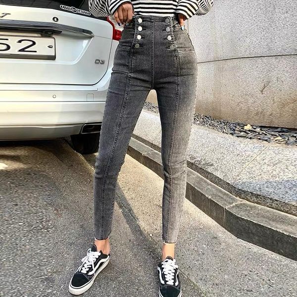 

dark grey design double breasted street fashion high waist elastic jeans medium size slim leggings cropped pants women 2020 new1, Blue