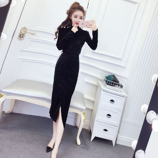 

2021 new beginning of autumn bright velvet silk defines long sleeve upper shirt + divided skirt two girls'joint suits y454 o86f, Gray