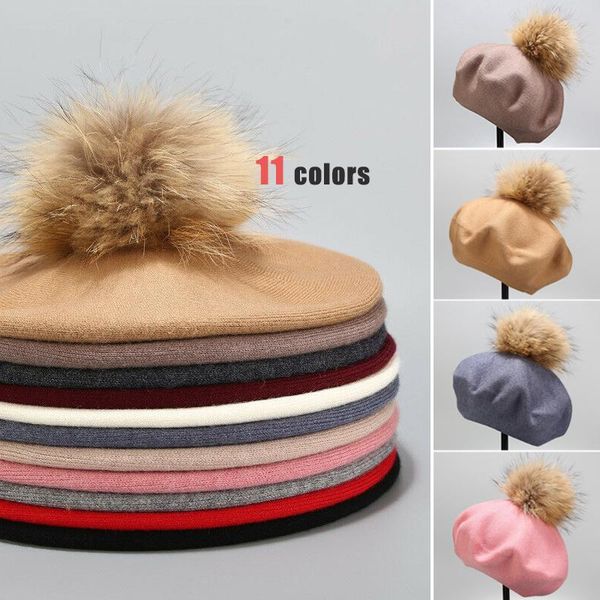 

autumn winter women's warm real wool berets 15cm natural raccoon fur pompom beret hats lady vintage chic hats, Blue;gray