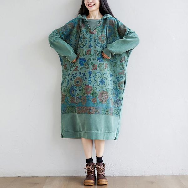 

johnature leisure retro patchwork print denim hooded long sleeve dresses 2020 autumn new loose comfortable women fashion dress1, Black;gray