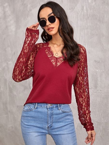 

v neck contrast lace raglan sleeve 612l#, White