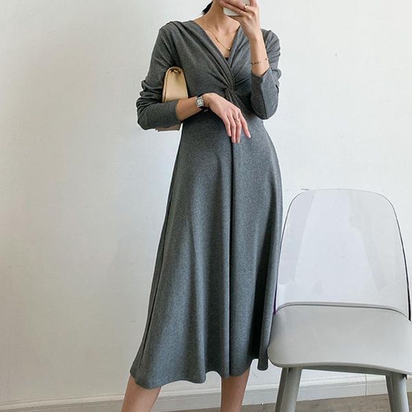

cotton dress women elegant v-neck spring long sleeve korean ladies causal solid color a-line midi dress gray/black basic wear1, Black;gray