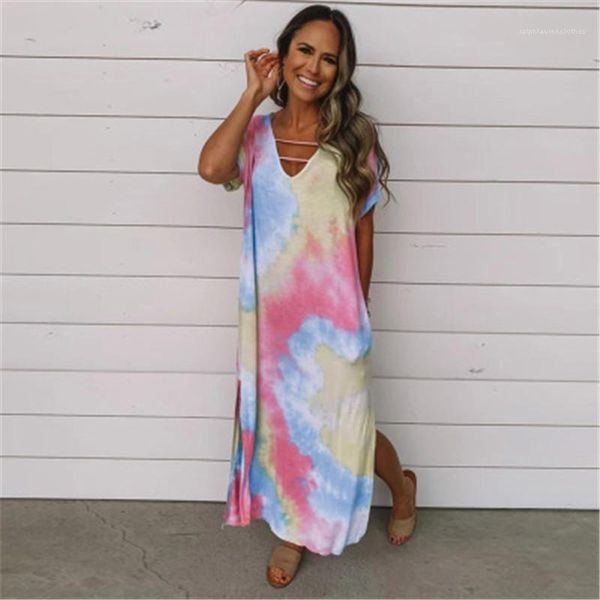 

casual split dresses ladies gradient long skirt fashion trend loose v-neck short sleeve dress clothing designer summer female, Black;gray