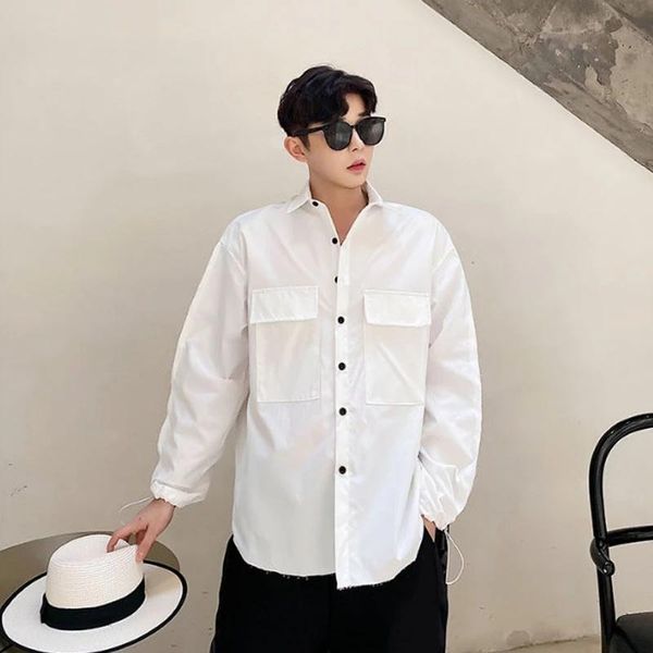 

men vintage fashion casual long sleeve white shirts male streetstyle hip hop loose shirt, White;black
