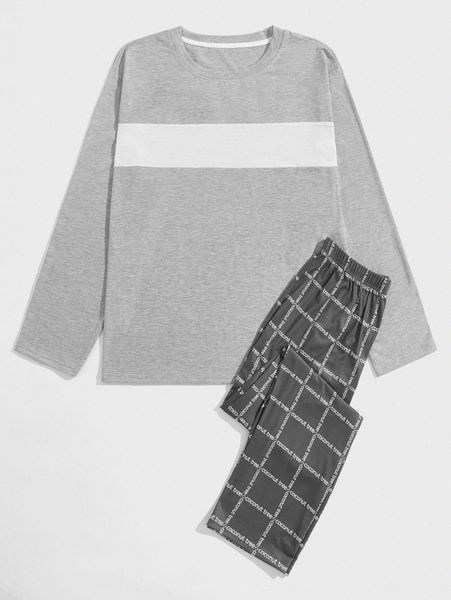 

men contrast panel tee & letter graphic pants pj set z3o0#, Black;brown