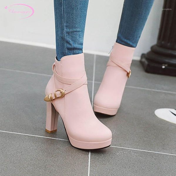 

boots casual comfortable round toe ankle buckle waterproof zipper black white pink super high heel riding women's shoes1
