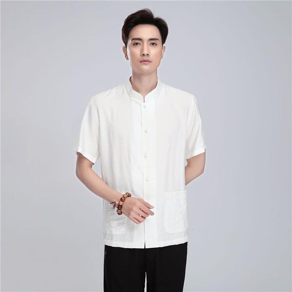 

white shirt men's chinese style retro linen tang suit new short-sleeved casual all-match fashion shirts chemise homme, White;black
