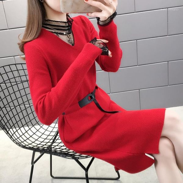 

women's sweaters patching red] 4868n area 21 right] - real s lace v-neck belt wool dress 651, White;black