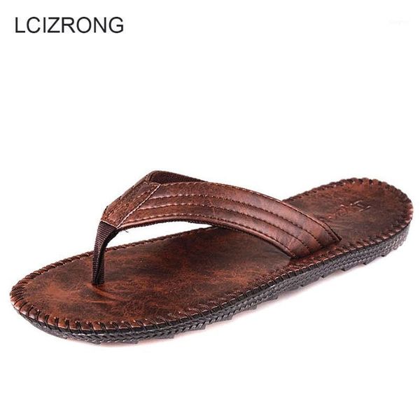 

slippers lcizrong summer leather beach flip flops men fashion sewing style non-slip zapatos hombre1, Black