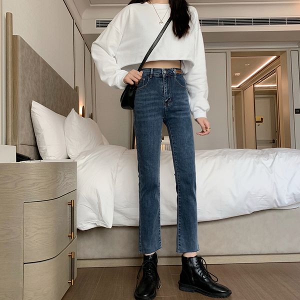 

ya 2021 feng women's high-waisted denim breeches new thin nine-point slacks hdra, Blue