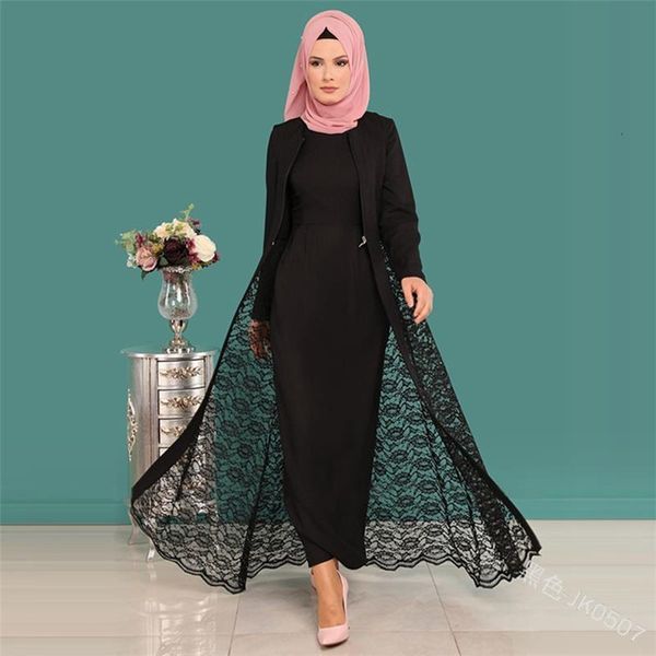 

women muslim dress abaya 2pcs lace full sleeve summer fashion casual elegant new o neck lady slim long maxi dresses, Black;gray