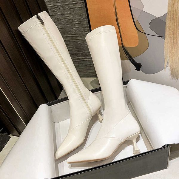 

736-1 korean long tube high heeled women's new fall winter 2021 side zipper knee length chivalry boots slim heel, Black